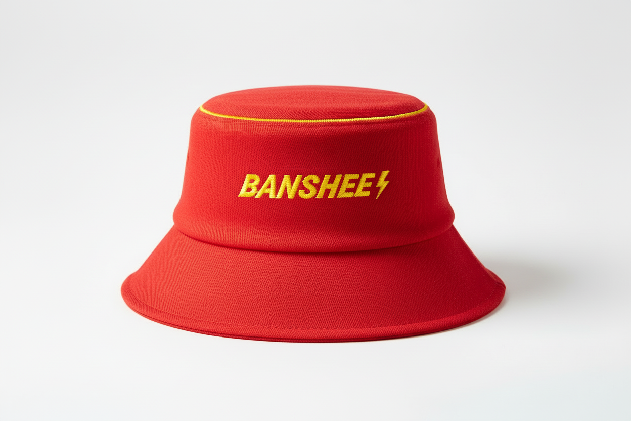 BANSHEE red bucket hat with yellow halo