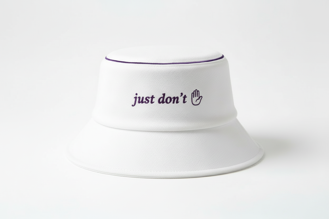 Just don't white bucket hat with purple halo