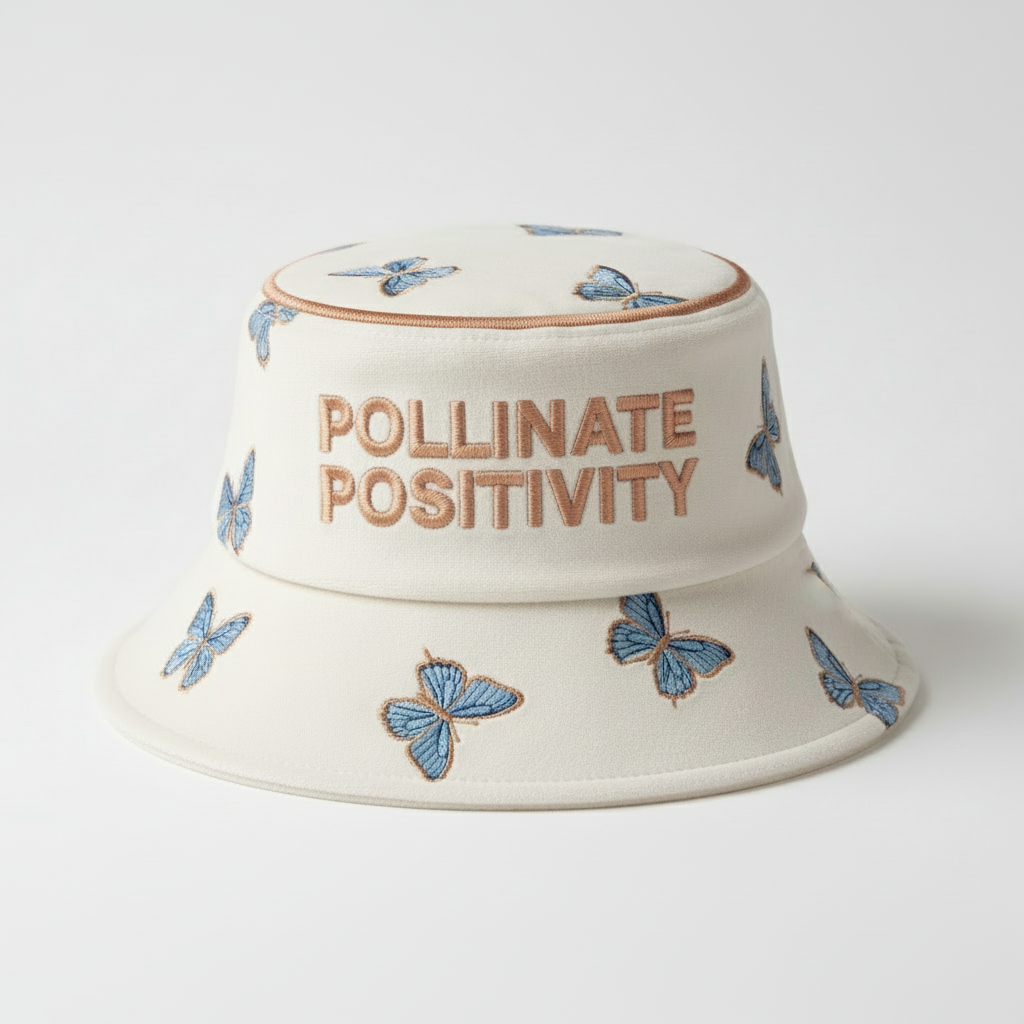 Pollinate Positivity hat with rose gold pink crown seam